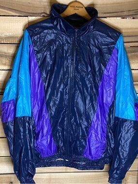 Vintage Turnpoint Men's Blue and Purple Windbreaker Jacket large black purple